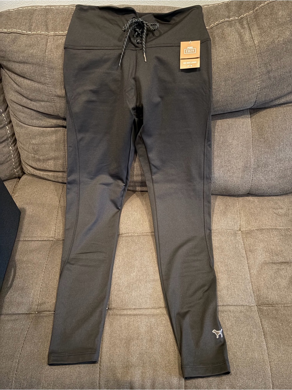 PINK Victoria's Secret Black High-Waist Leggings with Lace-Up Waist